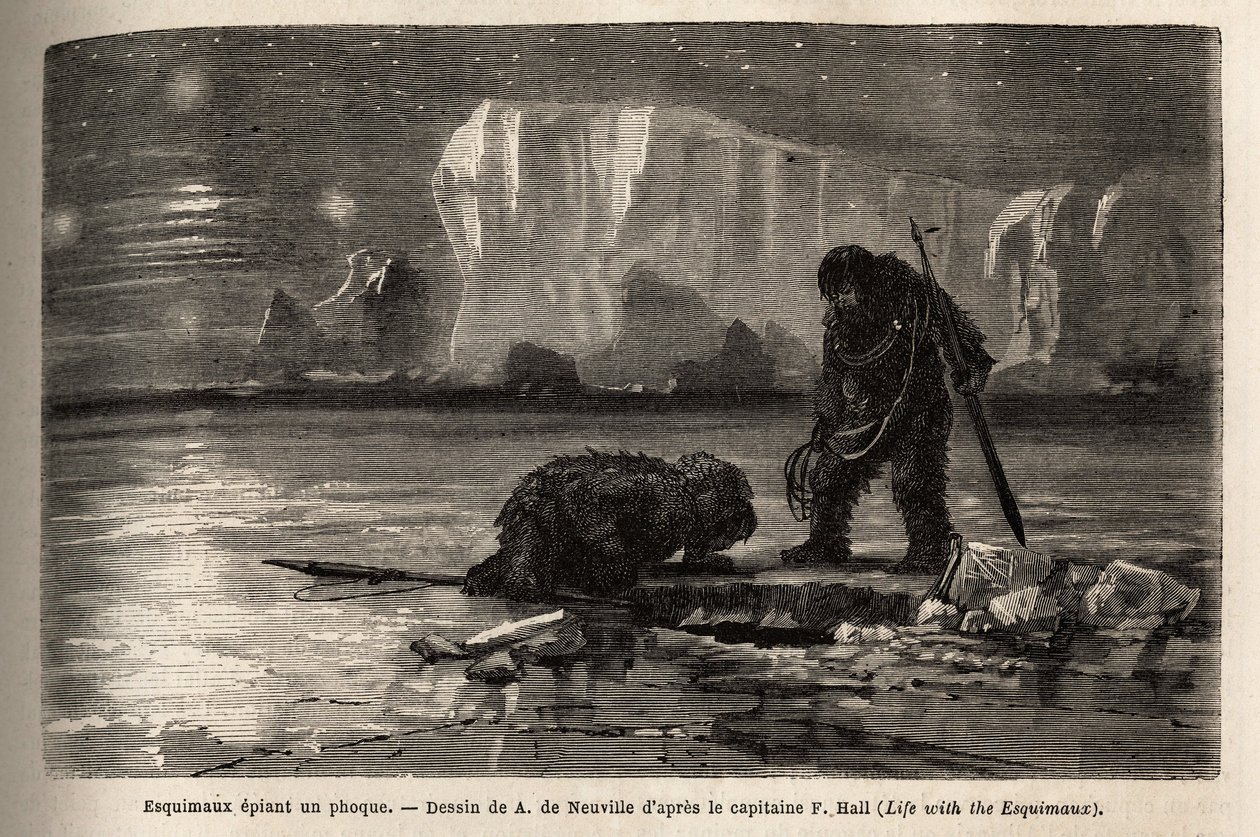 Eskimo-Jäger, die durch ein hohles Loch im Packeis eine Robbe ausspähen und darauf warten, sie bei Einbruch der Nacht zu harpunieren. Illustration der Reise zum freien Meer des Arktischen Pols, von Dr. Hayes, Chirurg der US-Marine, 1860-1862 von Unknown artist