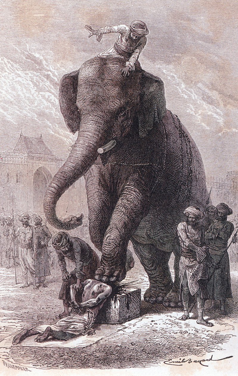 インドにおける処刑：カルナックに率いられた象に頭を潰される罪人たち（1875年）。 作： 無名の画家