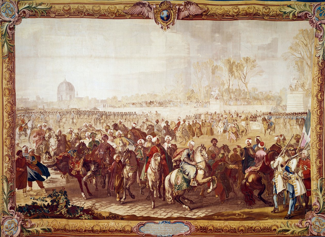 1721年3月21日、ルイ15世に謁見したトルコ大使メフメト・エフェンディのチュイルリー庭園からの退出 18世紀のタペストリー。パリ、国立家具 作： 無名の画家