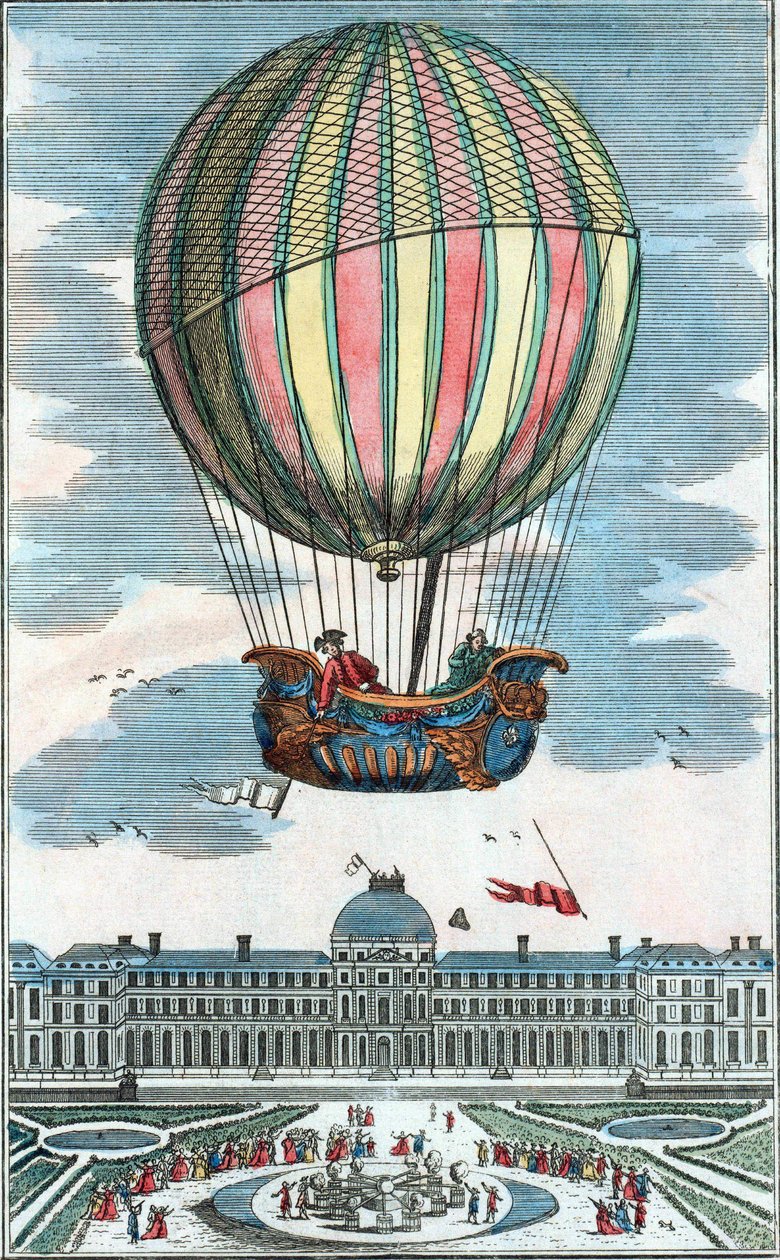 1783年12月1日、チュイルリー公園でのシャルル氏とロバート氏の空気式地球儀の体験。 作： 無名の画家