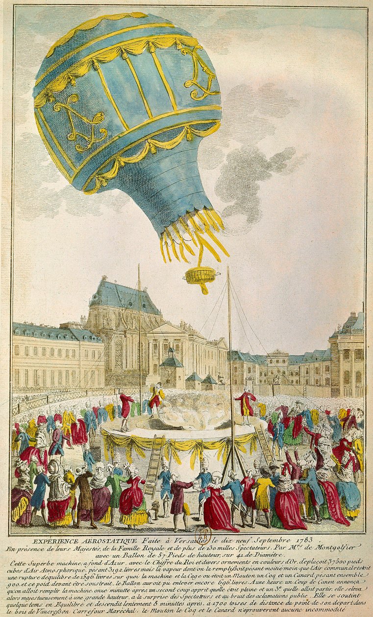 1783年9月19日、パリのベルサイユ宮殿でモンゴルフィエ兄弟が体験。B N 作： 無名の画家