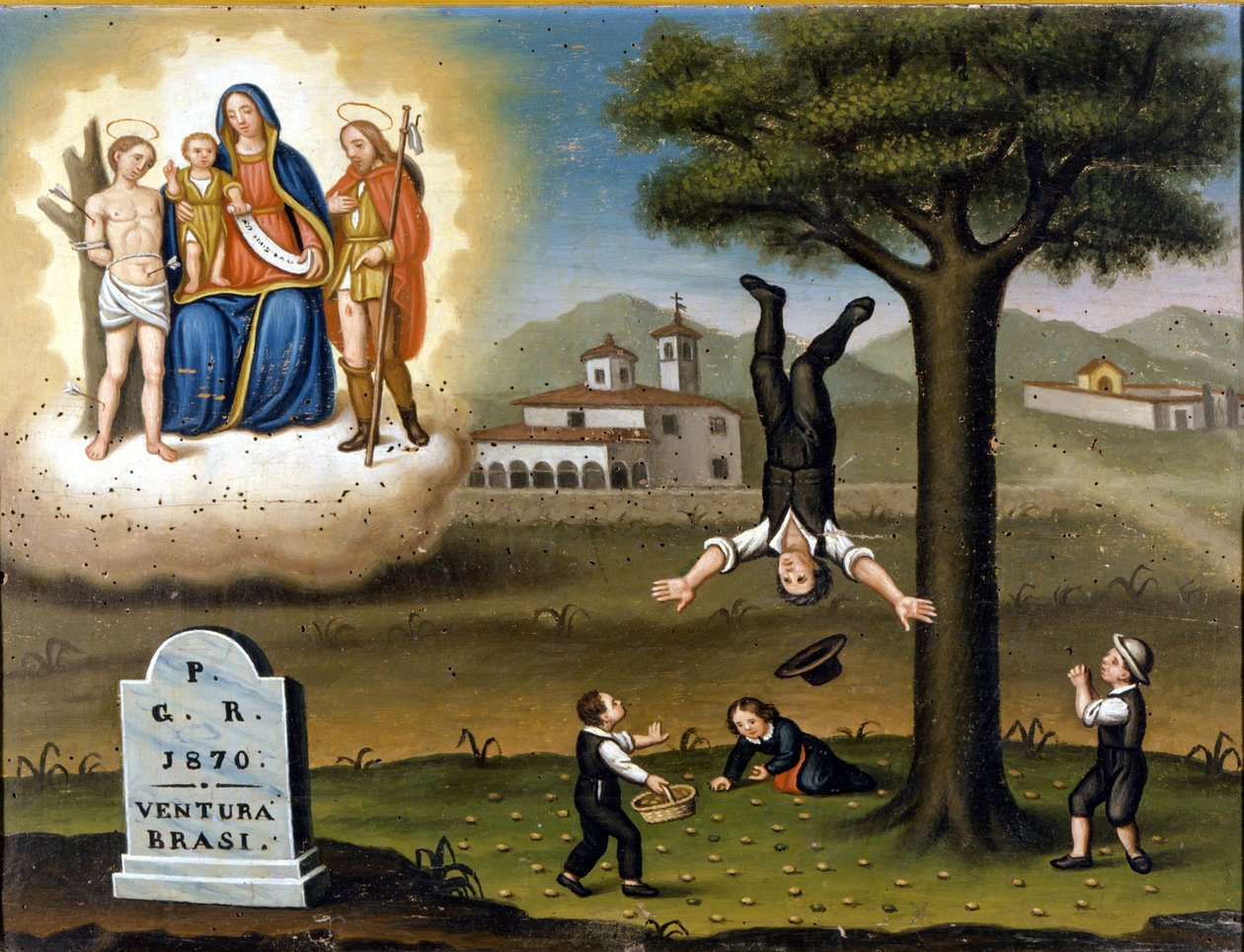 木の落下。左上にはサン・セバスチャンとサン・ロックの間のマドンナ。Ex voto de 1870. 作： 無名の画家