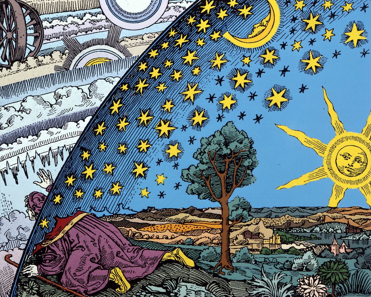 中世中期の世界システムの幻想的な表現。18世紀のイタリアの絵が「L