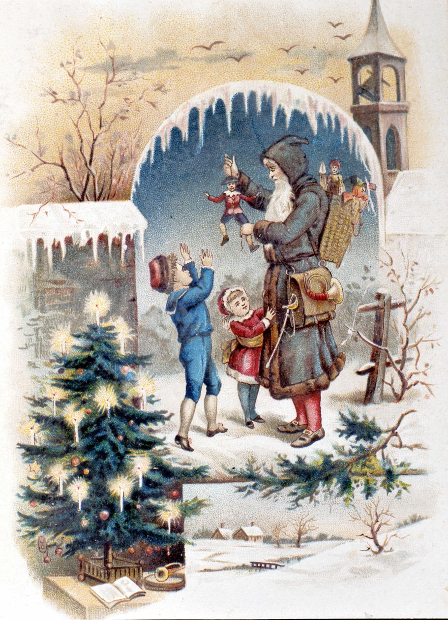 ファーザー・クリスマスと子供たち。1892年のクロモリトグラフ。 作： 無名の画家