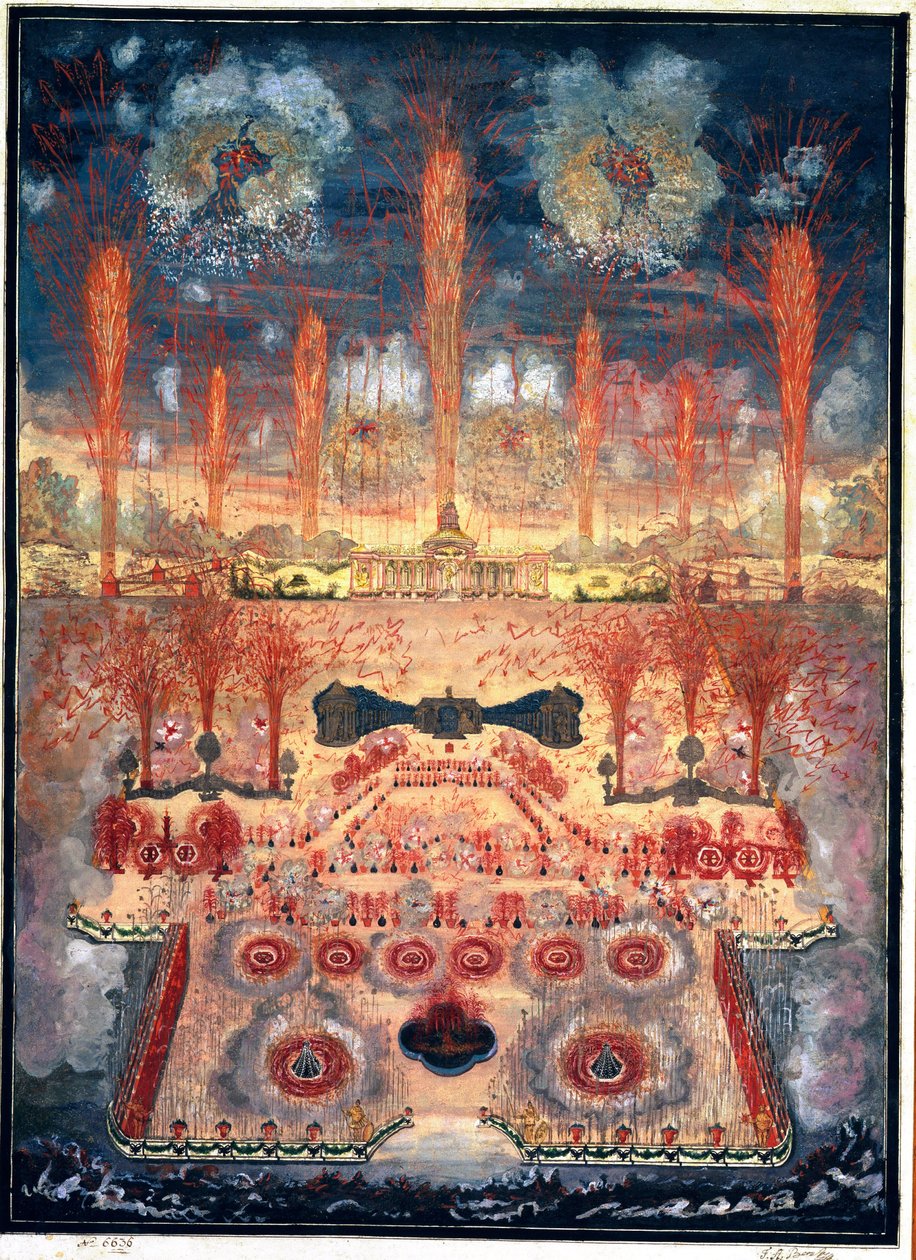 1744 年 6 月 16 日のモスクワ (ロシア) での花火とイルミネーション。 匿名の作品、水彩画、グワッシュ、厚紙、18 世紀半ば。 ロココ アート。 国立歴史博物館、モスクワ。 作： 無名の画家