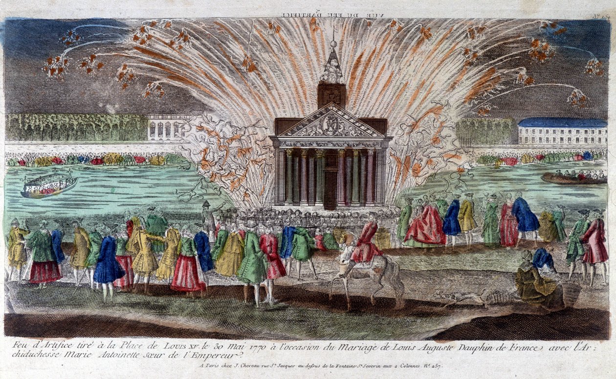 1770年5月30日、フランス王太子ルイ・オーギュストと皇帝の妹であるマリー・アントワネット大公夫人との結婚に際してルイ15世広場で打ち上げられた花火。18世紀末のエングレーヴィング。 作： 無名の画家
