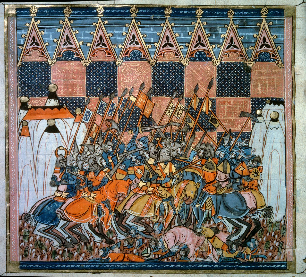 第一回十字軍：1099年、ゴデフロイ・デ・ブイヨン（1058-1100）が率いる十字軍によるエルサレムの包囲と攻略。14世紀パリの「海外年代記」のミニチュア、B.N. 作： 無名の画家