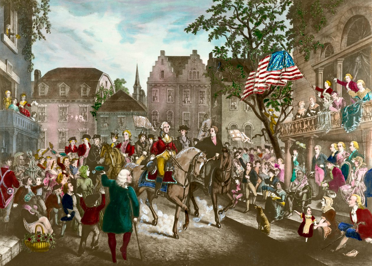 アメリカ独立戦争の第一弾。ジョージ・ワシントン（1732〜1799）がイギリスの敗北後、ニューヨークに凱旋したときの様子 作： 無名の画家