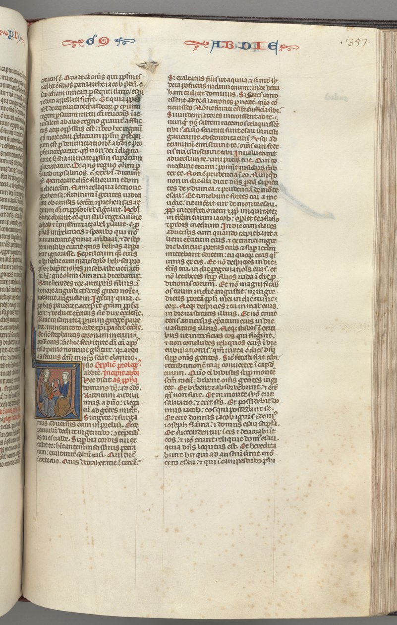 フォル357r, Obadiah, historiated initial V, オバデヤとユダヤ人が議論している。 作： 無名の画家