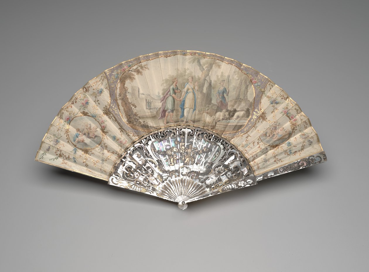 ジェイコブが井戸のそばでレイチェルと出会う扇子、1760年代から70年代頃（単一の羊皮紙の葉にガッシュと水彩、真珠層、金メッキとペーストの宝石） 作： 無名の画家