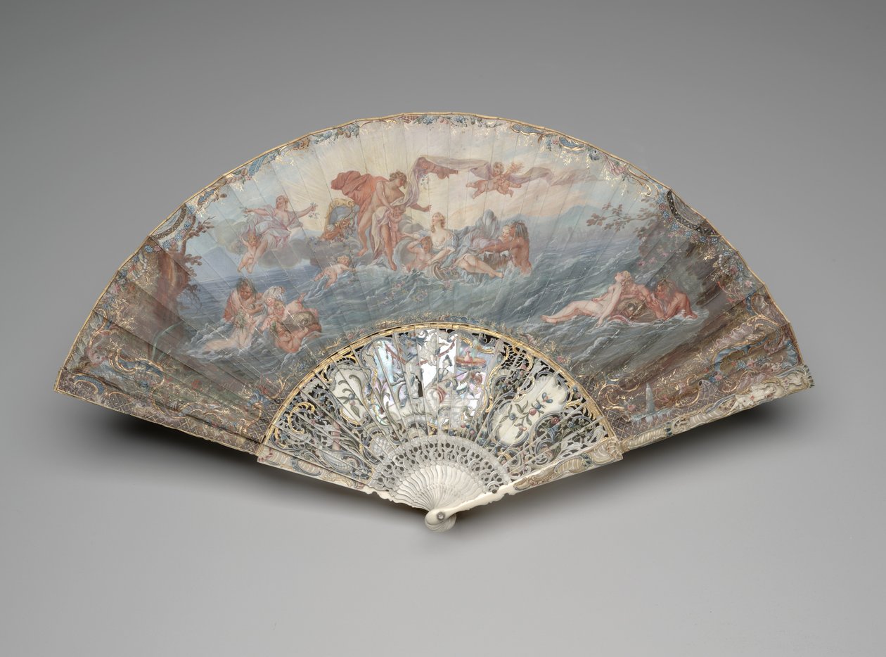 フランソワ・ブーシェの後、1753年以降、「太陽の設定」の扇子（ガッシュとベラムの葉、アイボリー、ギルディング、ガッシュ、マザーオブパール、ペーストの宝石） 作： 無名の画家