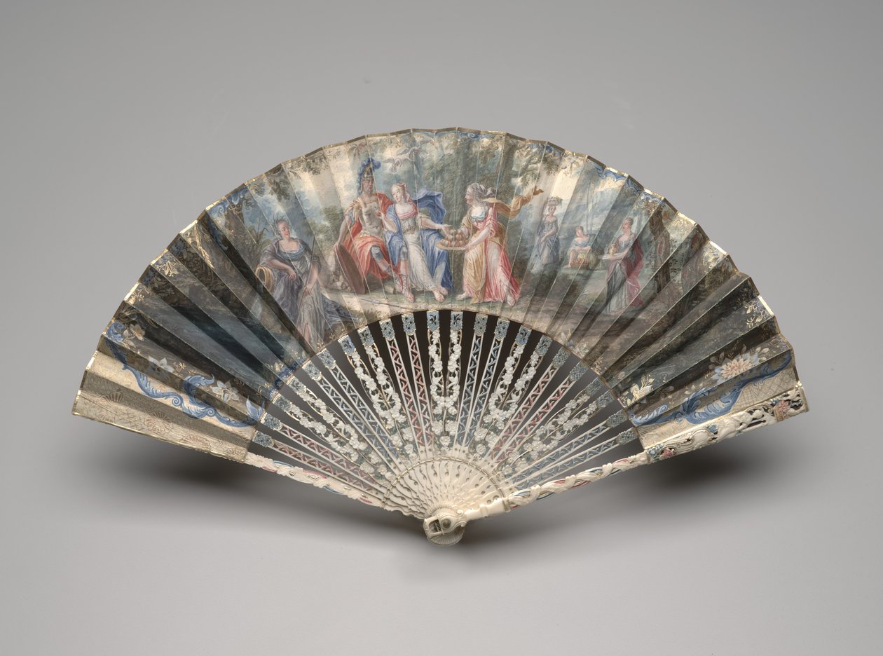 古典的な主題、おそらく結婚の寓話、c.1750s-60s（単一のベラムの葉のガッシュ、象牙、金メッキ、ガッシュ、真ちゅう）を備えた扇子 作： 無名の画家