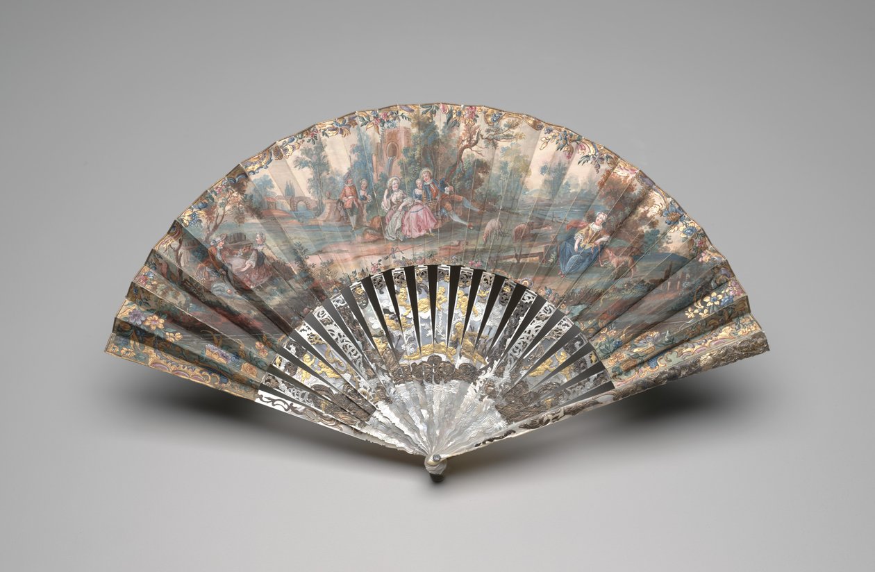 牧歌的なシーンの扇子、c.1740-60（二重紙の葉のガッシュ、マザーオブパール、金メッキとペーストの宝石） 作： 無名の画家