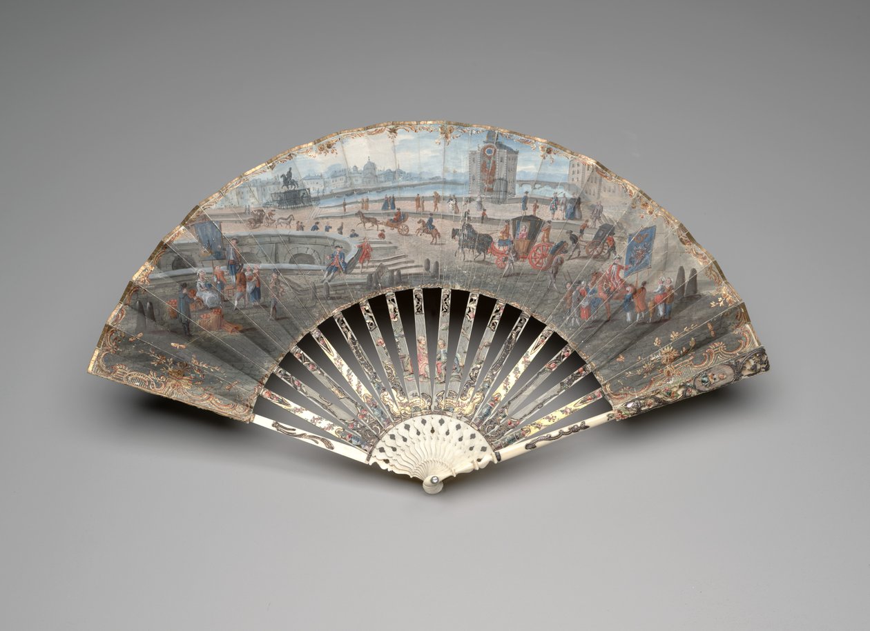 ポンヌフを望む扇子、1755-60年頃（二重ベラムの葉にガッシュと水彩、アイボリー、ギルディング、ガッシュ、マザーオブパール、ペーストの宝石） 作： 無名の画家