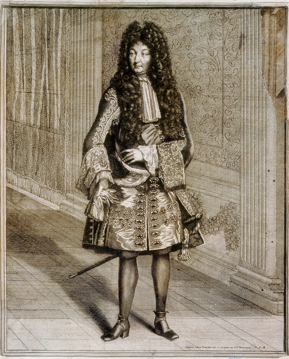 太陽王として知られるルイ14世（1638-1715）の足の肖像。18世紀のエングレーヴィング。マドリッドの国立図書館。 作： 無名の画家