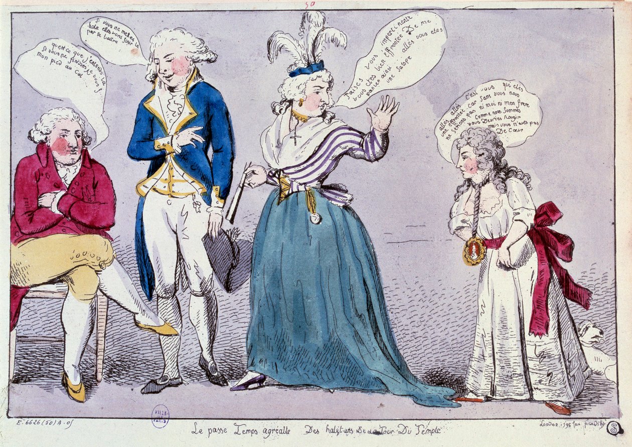 フランス革命。王妃マリー・アントワネット（1755-1793）と神殿の牢獄に閉じ込められたルイ16世の家族に対する漫画。王妃と王の妹マダム・エリザベートが、王の目の前で口論している。二人の言葉は吹き出しで書かれている 作： 無名の画家