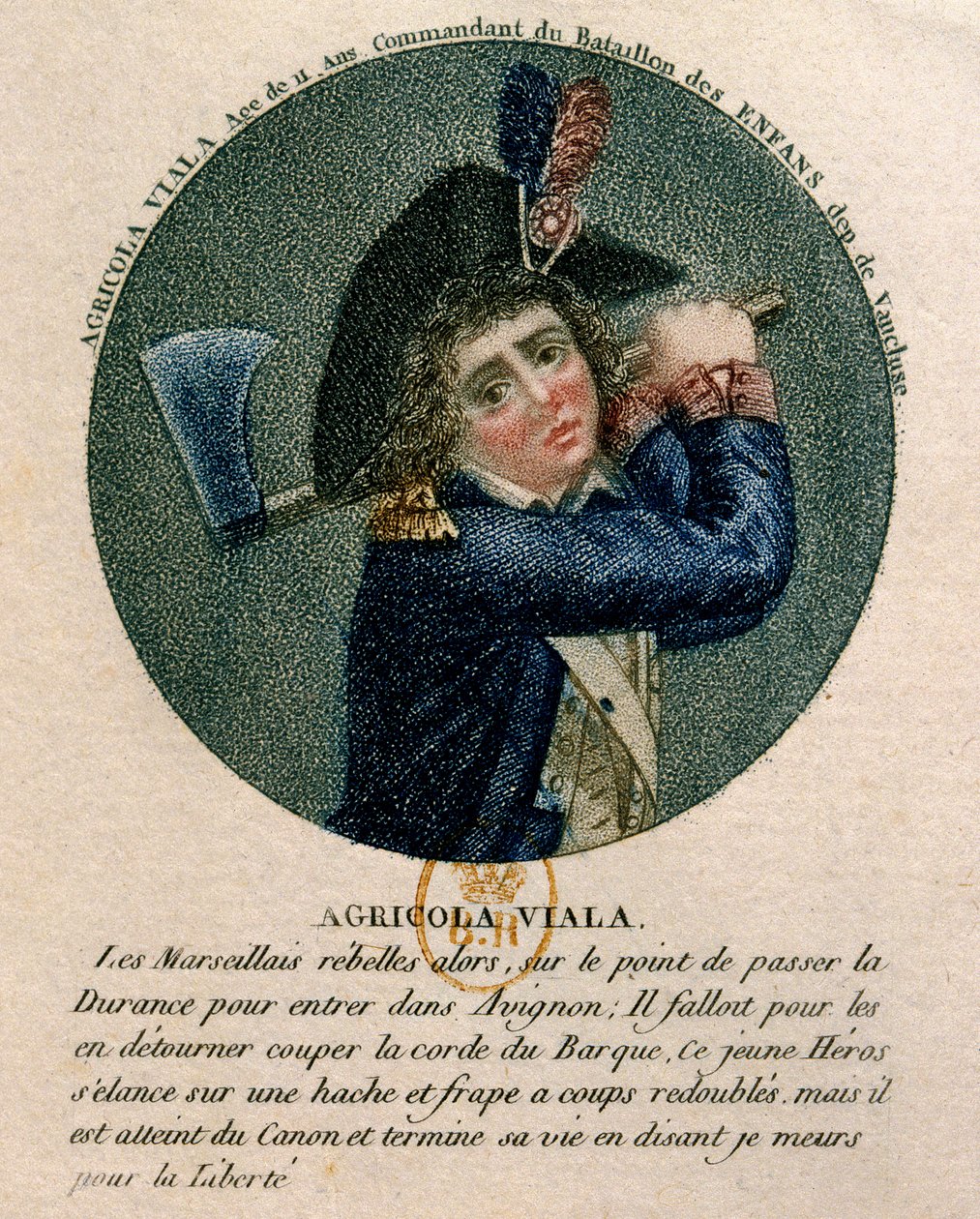 フランス革命：1793年のマルセイユ反乱に参加した若き日のジョセフ・アグリコル・ヴィアラ（1780-1793）の肖像。斧を持つ代表者である。18世紀 パリ、B.N 作： 無名の画家