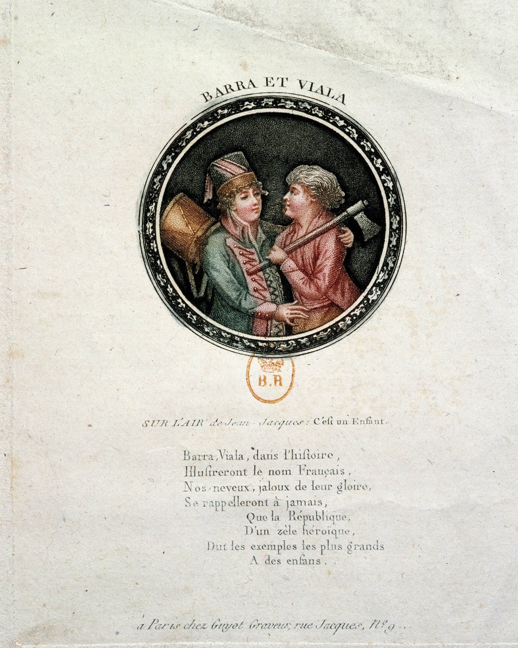 フランス革命：バラとヴィアラの表現ジョセフ・アグリコル・ヴィアラ（1780-1793）とジョセフ・バラ（1780-1793）は、フランス革命の英雄児であり、それぞれマルセイユとヴァンデでレピュブリックのために戦った。18世紀のエングレーヴィング 作： 無名の画家