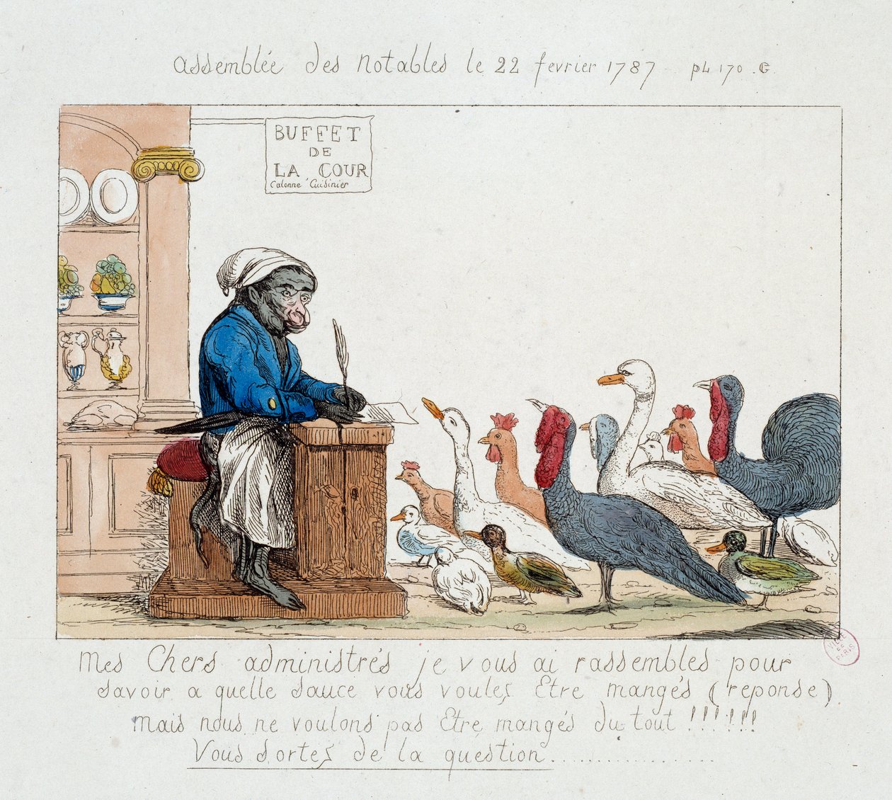 フランス革命。「The Assembllee des notables du 22 February 1787" 七面鳥、鶏、ガチョウ、七面鳥で構成された集会を主宰する猿のコックをした国王ルイ16世を描いた風刺画。18世紀に描かれたもの。パリ・カルナヴァレ美術館 作： 無名の画家