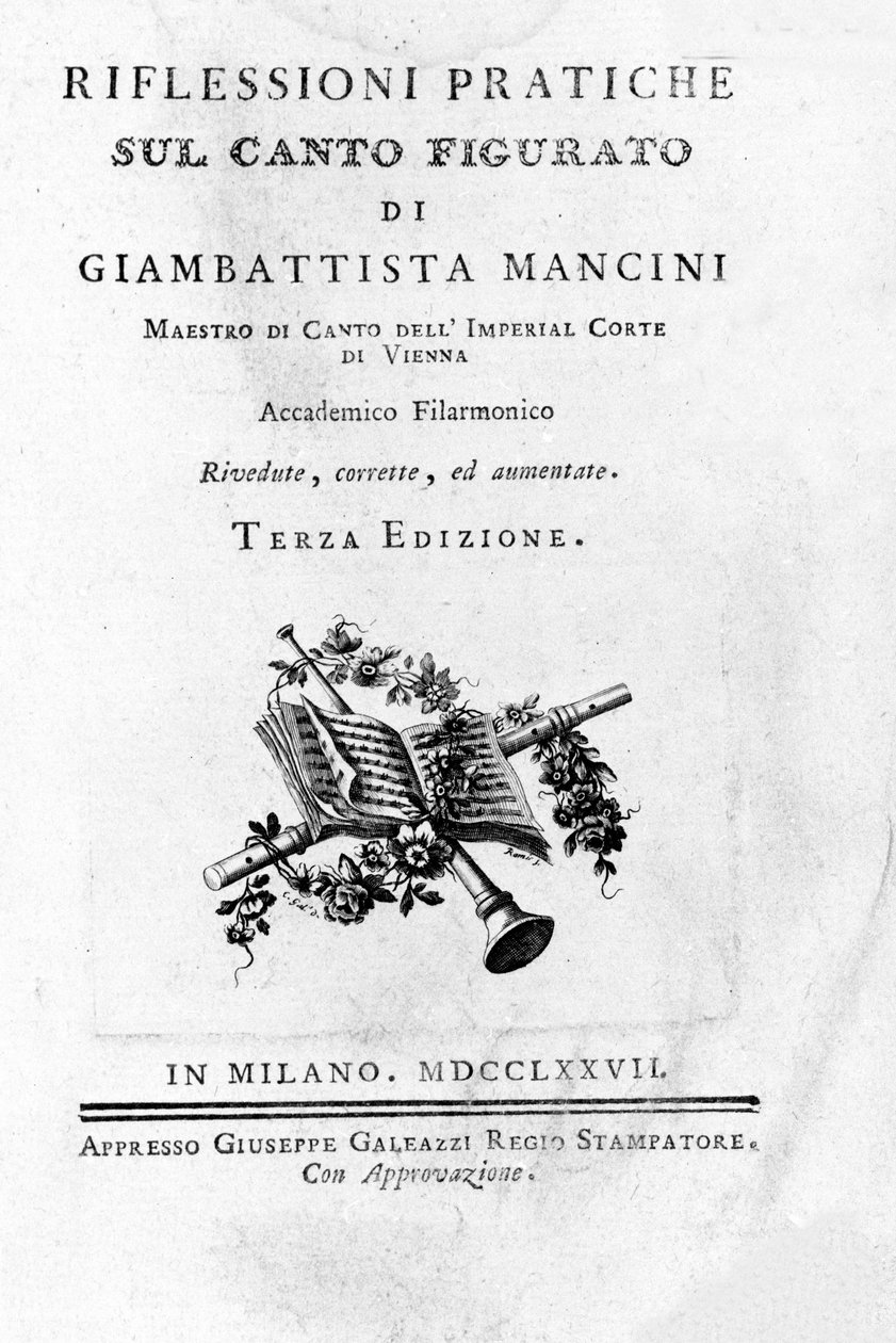 イタリアの歌曲理論家であり去勢者でもあったGiovanni Battista Mancini (1716 - 1800)の "Pensieri e riflessioni pratiche sul canto figurato "の巻頭言。1777. 作： 無名の画家