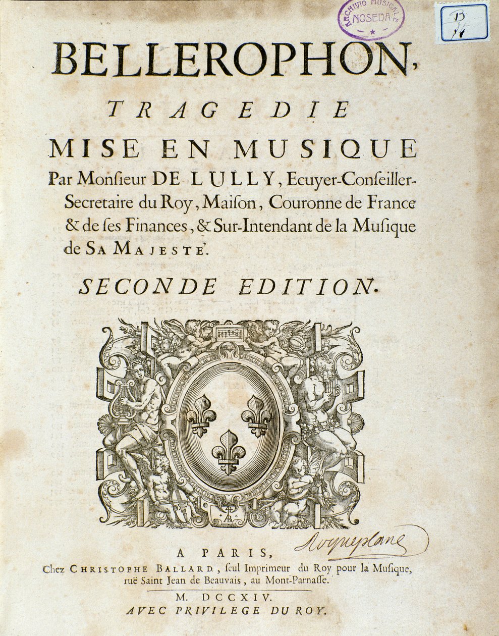 Jean Baptiste Lully (Giovanni Battista Lulli) (Jean-Baptiste) (1632-1687)のプロローグ付き全5幕の悲劇「Bellerophon」のフロントスプリット。1714. 作： 無名の画家