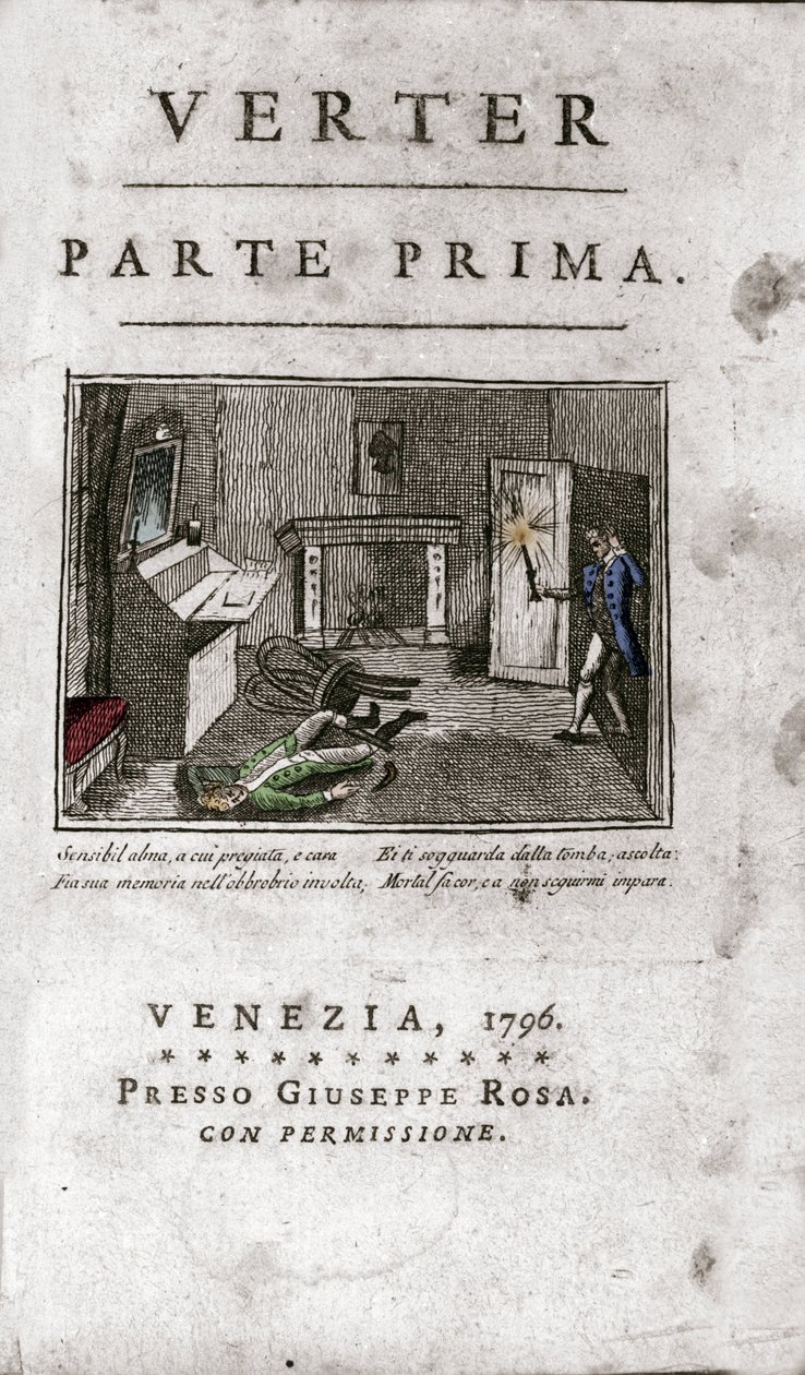 ヨハン・ヴォルフガング・フォン・ゲーテ（1749-1832）の『若きウェルテルの苦悩』のイタリア版の正面図 1796年（Frontispiece of an Italian edition "The Sorrows of the Young Werther" by Goethe 作： 無名の画家