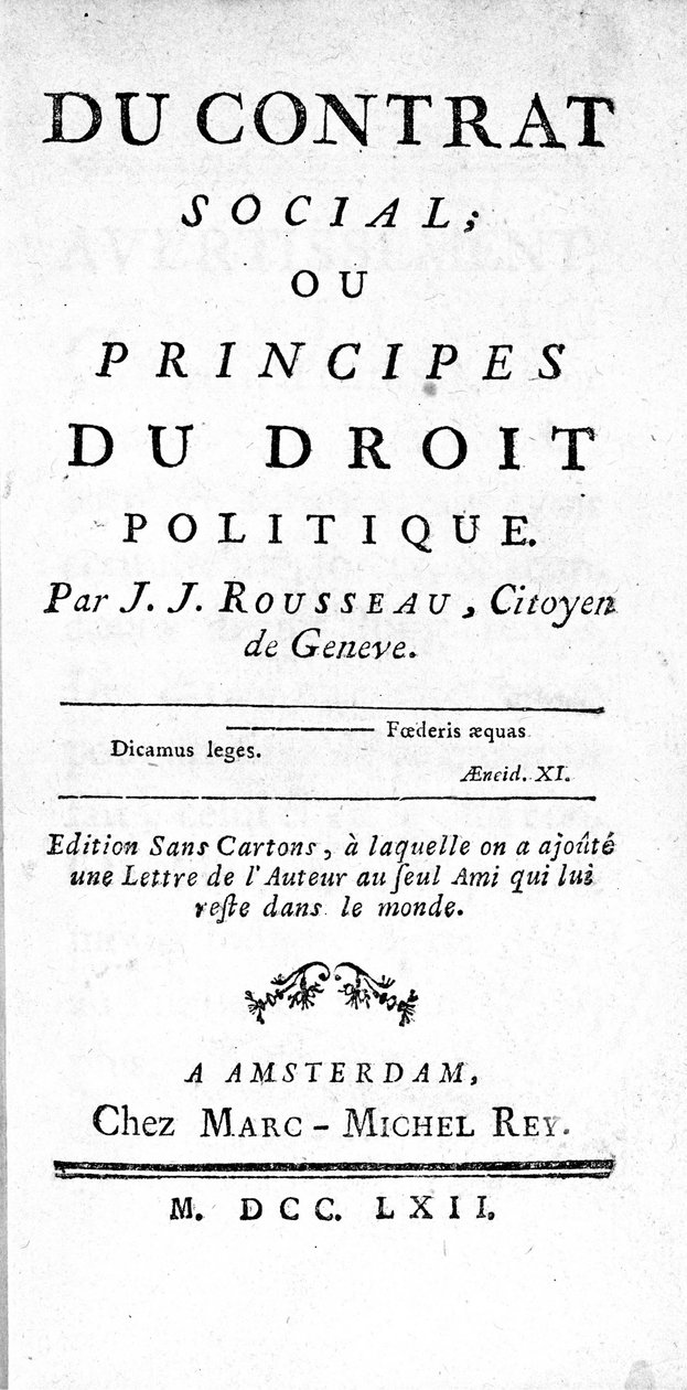 1762年にアムステルダムで印刷されたジャン・ジャック・ルソー（1712-1778）の『社会契約』または『政治法の原理』の冒頭部分。 作： 無名の画家