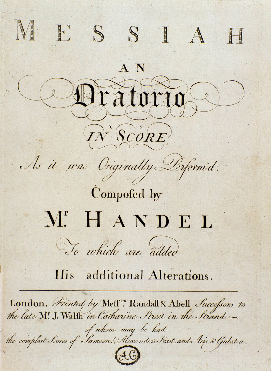 イギリスに帰化したドイツ人作曲家ジョージ・フリードリッヒ・ヘンデル（Georg Friedrich Handel）の楽譜「The Messiah」（メサイア）の正面図 作： 無名の画家