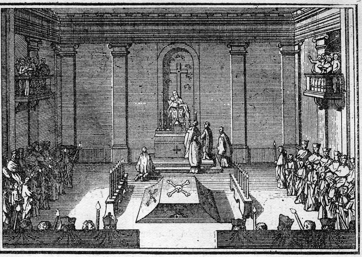 18世紀の教皇の葬儀：オブセックの儀式。Histoire des religions "に掲載されているエングレーヴィング。 作： 無名の画家