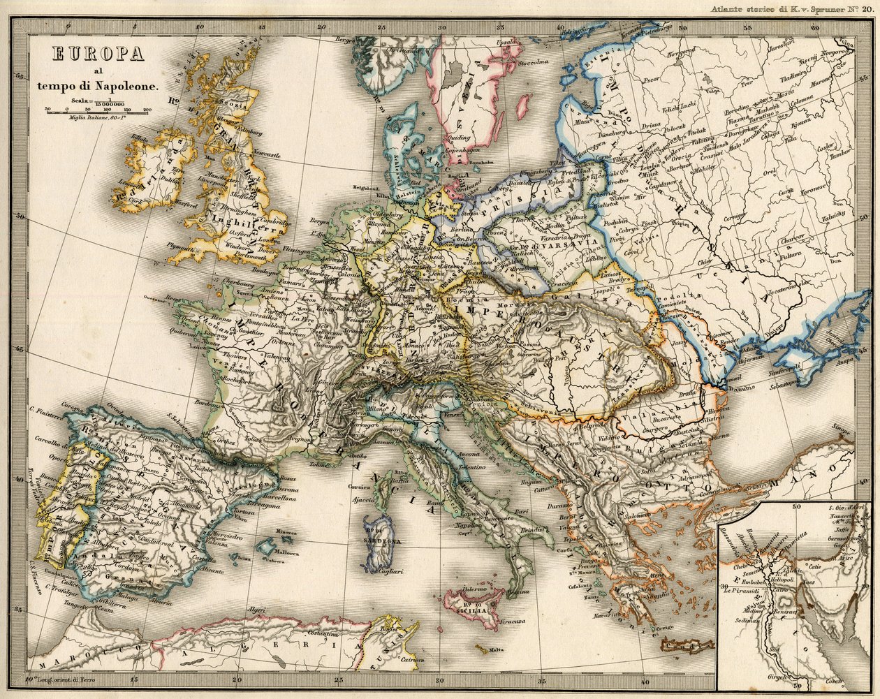 ナポレオン1世の時代のヨーロッパの地理的な地図（K. von Srunerの "Atlante Storico Geografico "より 作： 無名の画家