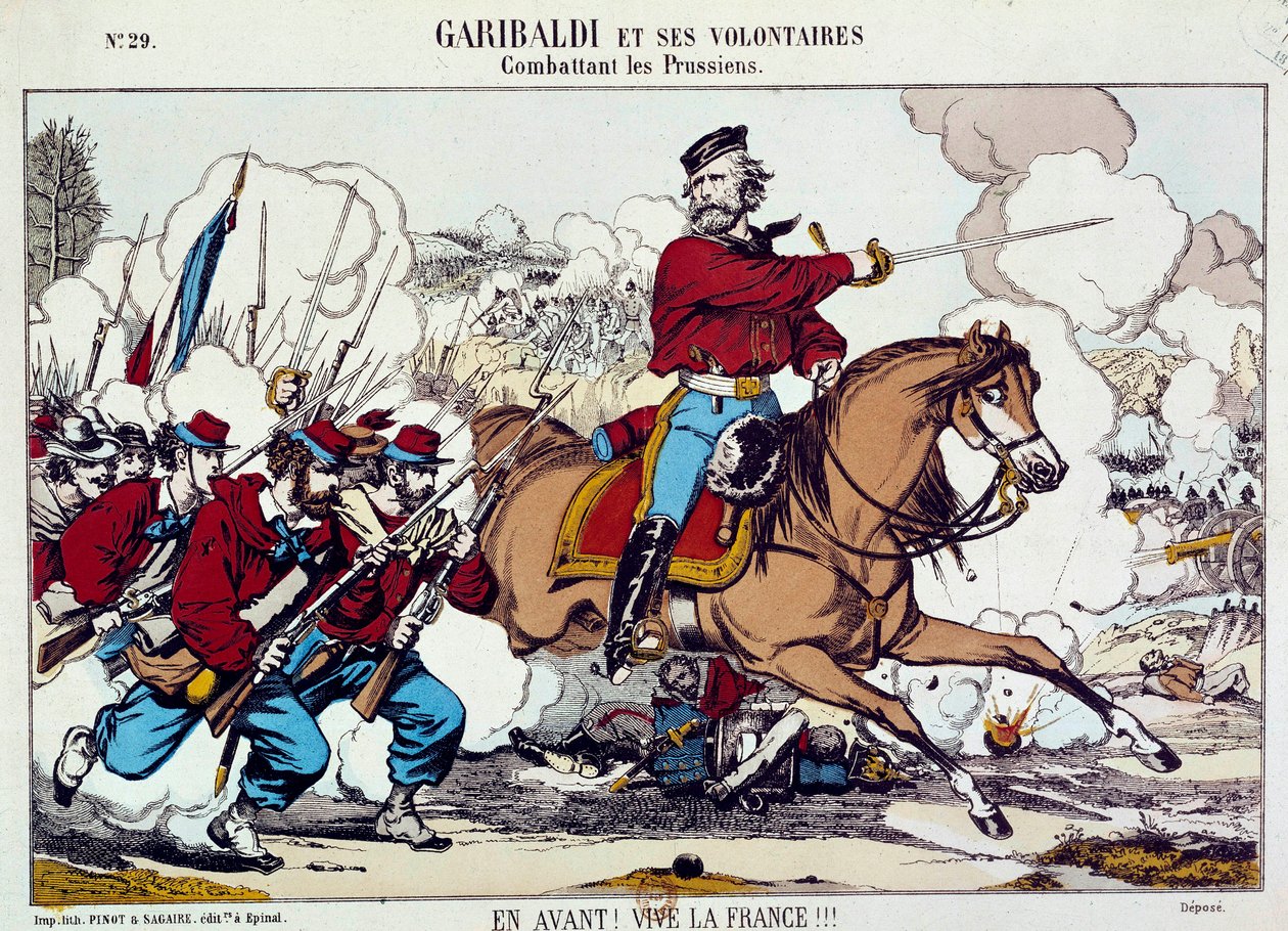 ジュゼッペ・ガリバルディ（1807-1882）が志願兵と一緒にプロイセンと戦っている様子。"前進、フランス万歳 "1871年頃。エングレーヴィング B.N.パリ 作： 無名の画家