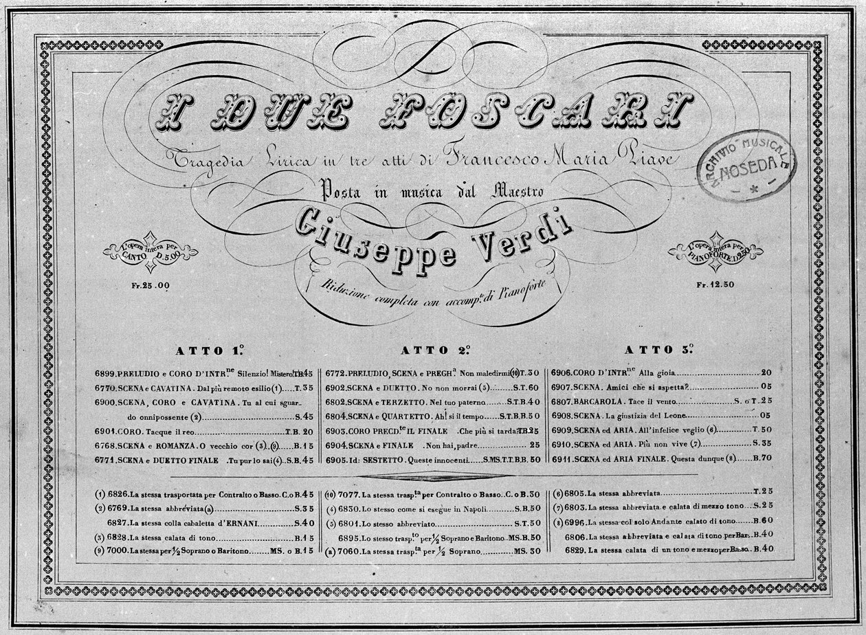 Giuseppe Verdi: オペラ「I Due Foscari」のピアノ用楽譜。 作： 無名の画家
