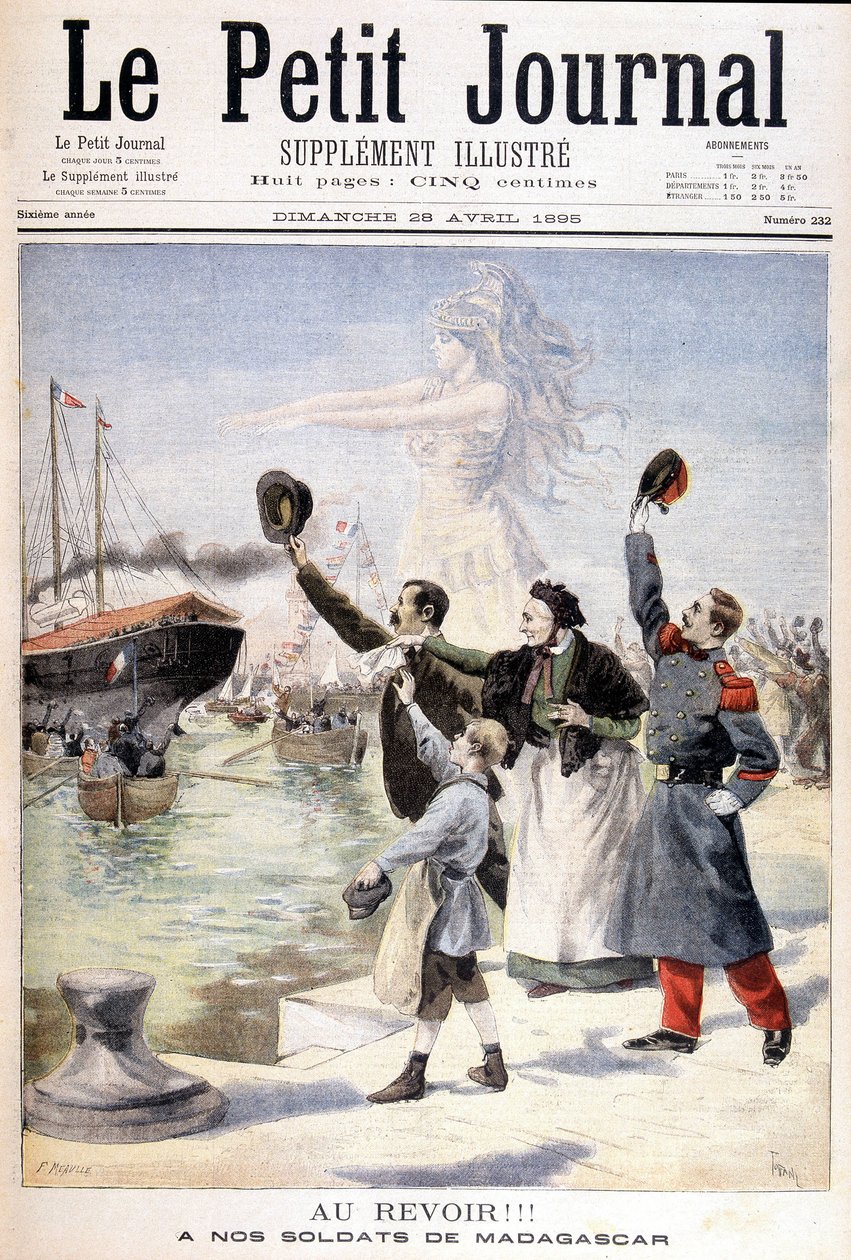 Goodbye to our soldiers from Madagascar：フランスのマダガスカル遠征隊の出発-1895年4月28日付「Le Petité Journal」にて 作： 無名の画家