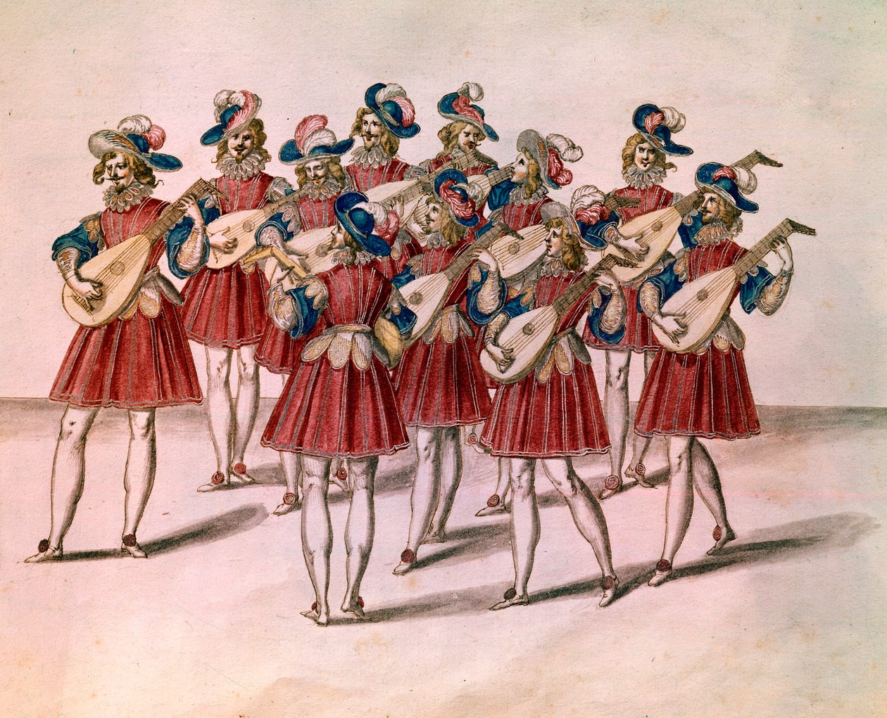 リュートを演奏する音楽家のグループ。ダニエル・ラベル（1578-1637）による水彩画とペン、アルバム「ビセトル城」より 17世紀 パリ、ルーヴル美術館蔵 作： 無名の画家