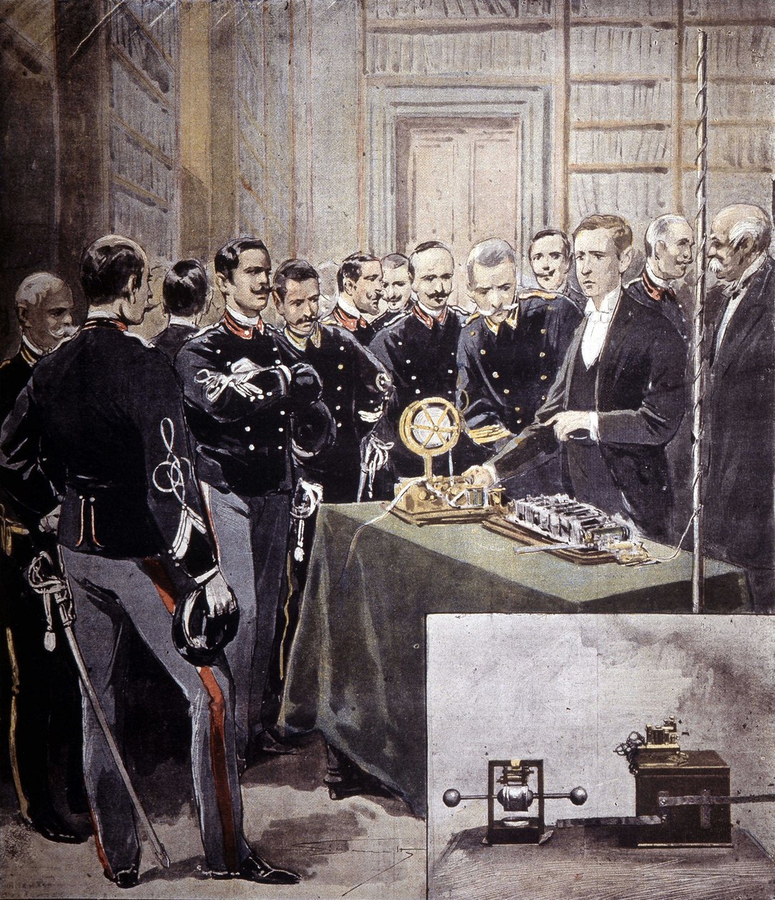 グリエルモ・マルコーニは、1897年に海軍省の会議で無線電信（TSF）を発表した。 作： 無名の画家