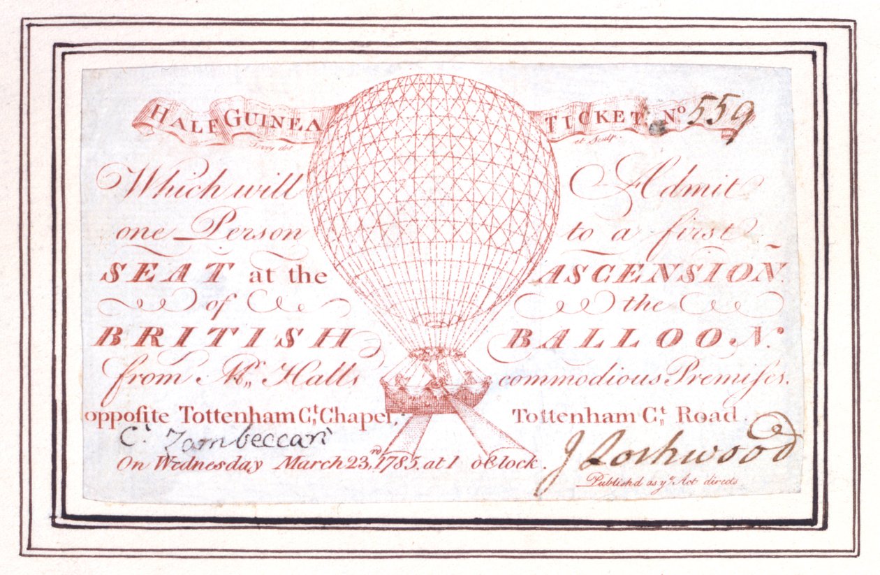 1785年3月23日、ロンドンのトッテナムコートロードでの気球上昇の半ギニーチケット 作： 無名の画家
