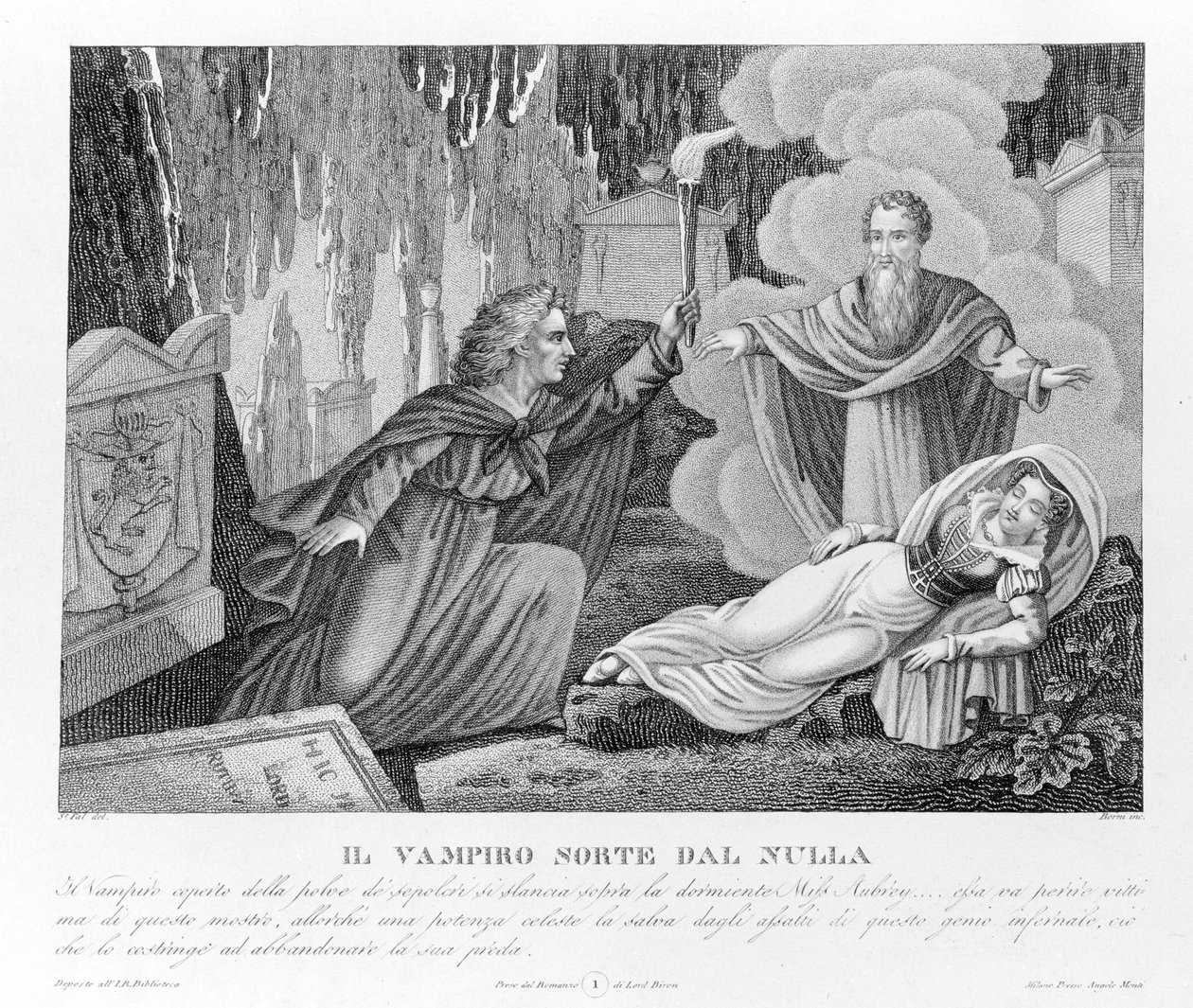 天の復讐-新刊『The Vampire』によると、最初はイギリスの詩人バイロン卿（1788-1824）、次に秘書のポリドリによる。1816. 作： 無名の画家