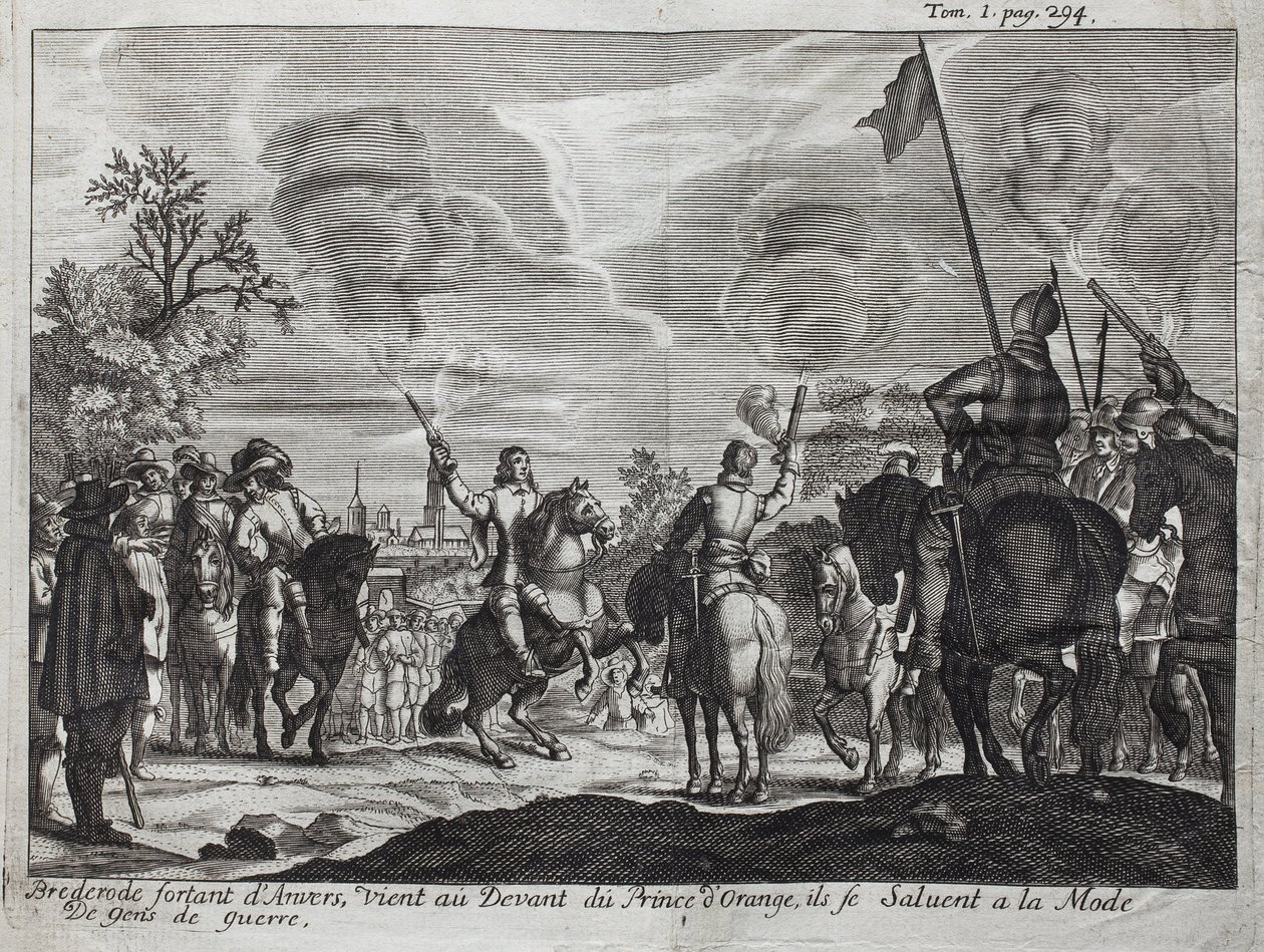 ブレデローデ伯爵ヘンリー（Hendrik Graaf van Brederode）（1531-1568）は、アントワープ（オランダ、ネザーランド）を出発して、オレンジ公爵ウィリアム1世（オレンジ・ナッソー）の前に来て（または、ギョーム・ザ・タシターン 作： 無名の画家