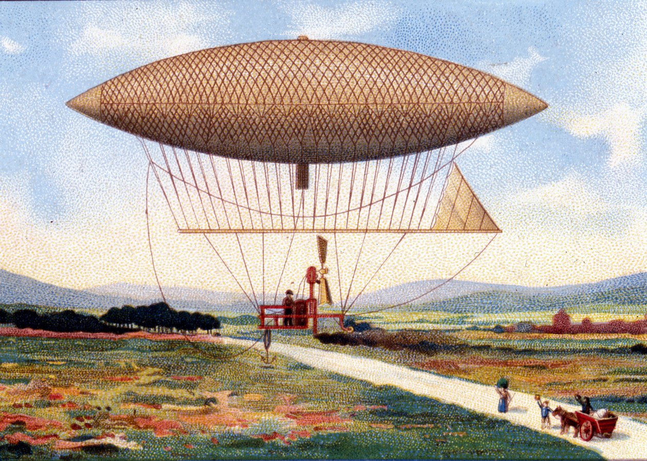 ヘンリー・ギファードの飛行船（1825〜1882年）。1851年。19世紀末のクロモリトグラフ。 作： 無名の画家