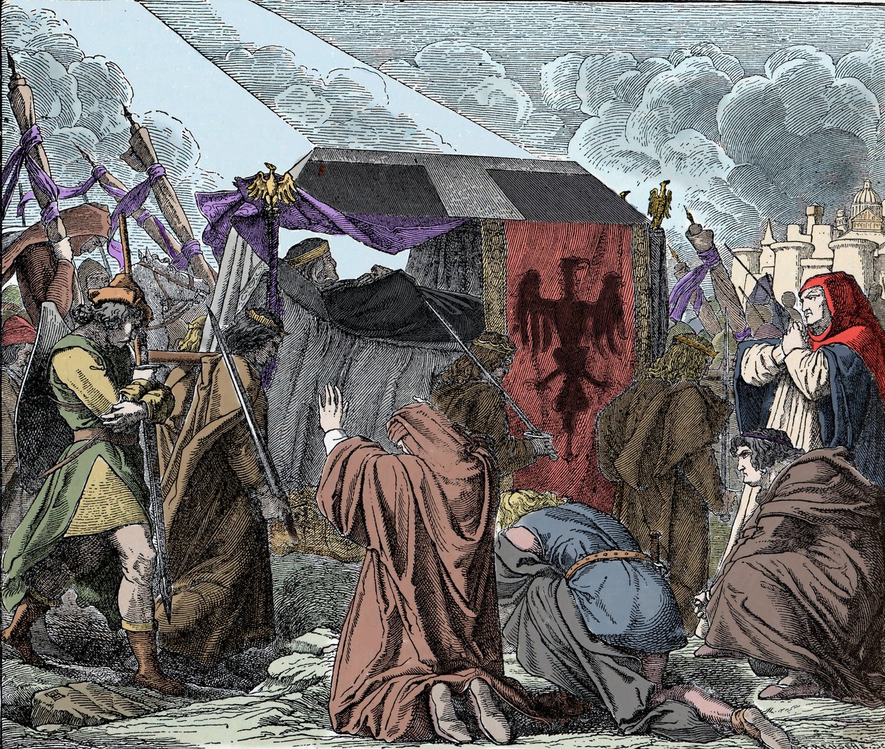 民衆に追悼されるヘンリー7世 - ローマ帝国の皇帝、ルクセンブルクのヘンリー7世（1275年頃～1313年頃）の葬儀-。 作： 無名の画家