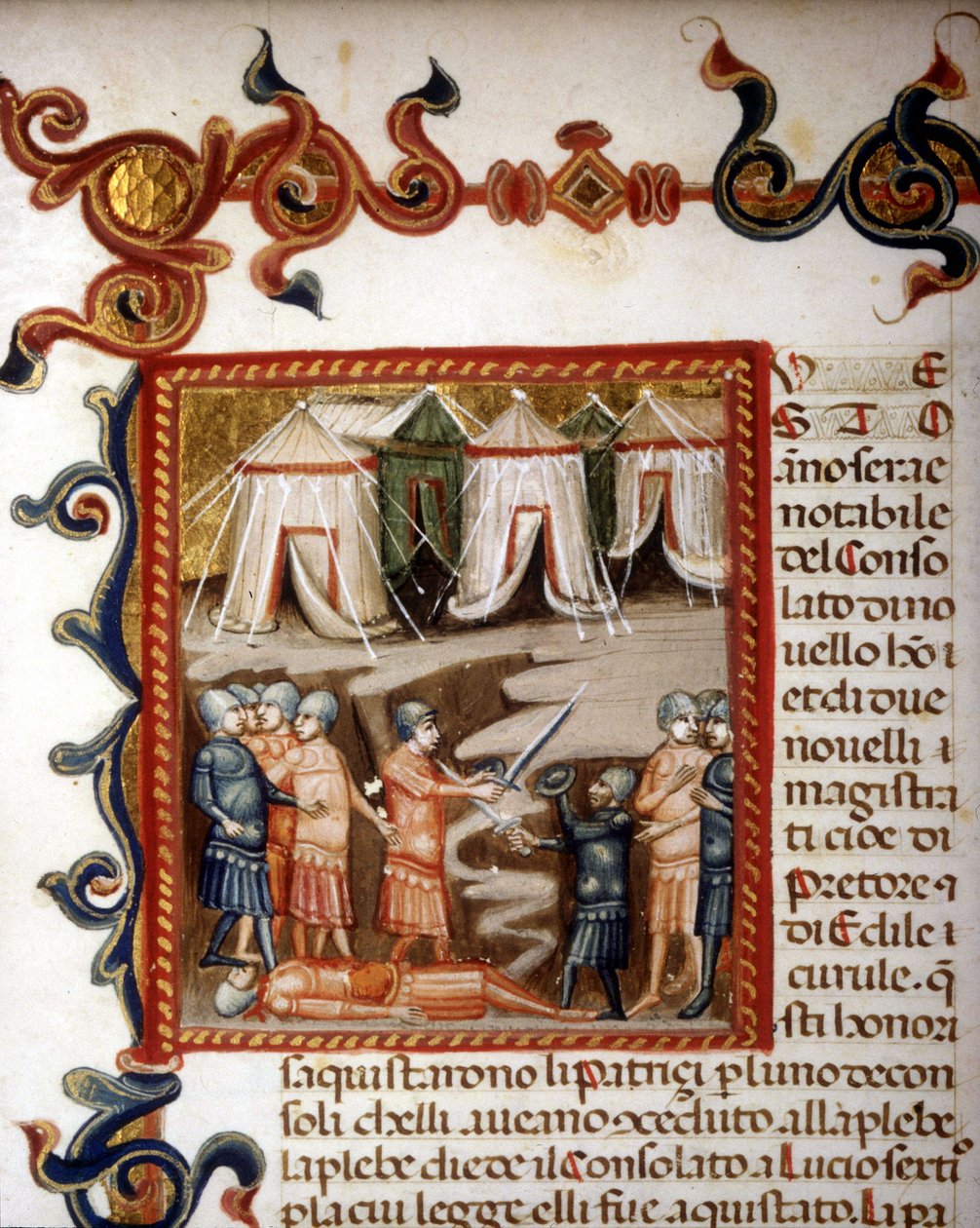 Historiae romanae decades（＝10冊の本のグループ）（フランス語で History of Rome from its foundation to 292 BC）ティトゥス・ライブ（Titus Live）またはティトゥス・リヴィウス（Titus Livius）のラテン語（-59 - 17）によるもの。ローマのコンケーテを表すミニチュア sd.14世紀。 作： 無名の画家