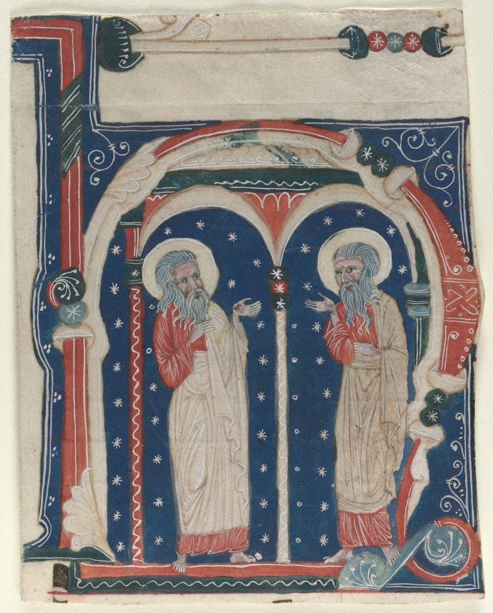 historiated Initial（h）は、反沈殿物から切除されています：ss。 ポール・ザ・ハーミットとアンソニー 作： 無名の画家