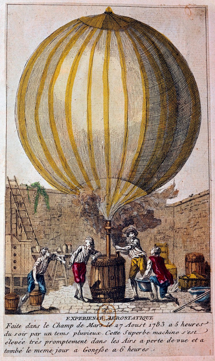 気球の歴史：1783年8月27日、パリのシャン・ド・マルスで行われた空気静力学の体験：ジャック・シャルル（1746-1823）によって気球に水素ガスが充填される。18世紀のパリのエングレーヴィング、B.N. 作： 無名の画家