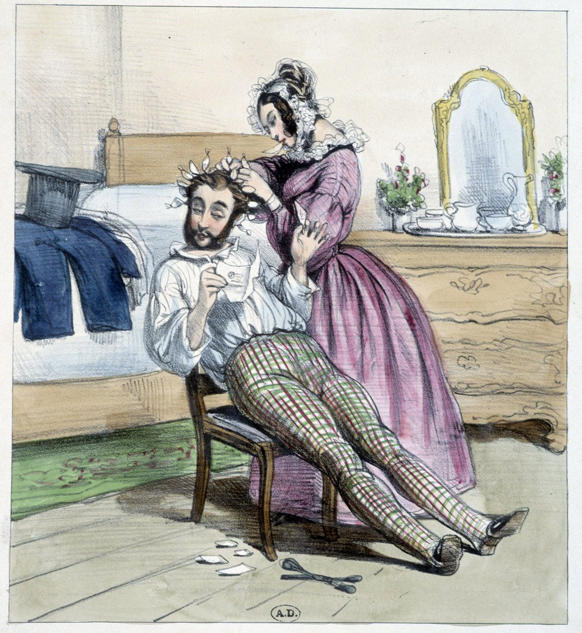 婚約者の手紙で作られたダンディの不倫をユーモラスに描いた絵 - ドローイング 作： 無名の画家