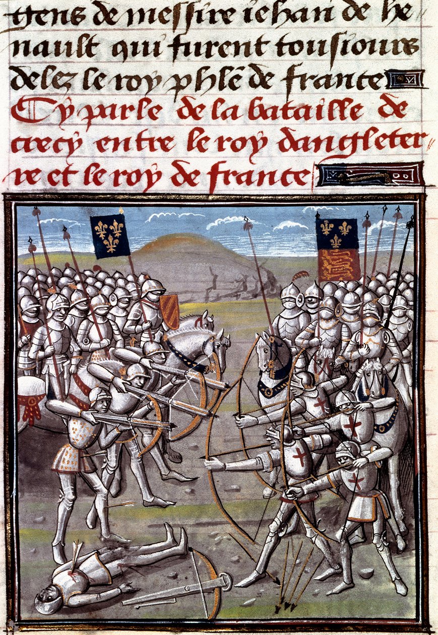 百年戦争：1346年8月26日、フランス軍とイギリス軍の間で行われたクレシーの戦い。ジャン・フロワサール（1337-1400）の年代記からのミニチュア 作： 無名の画家