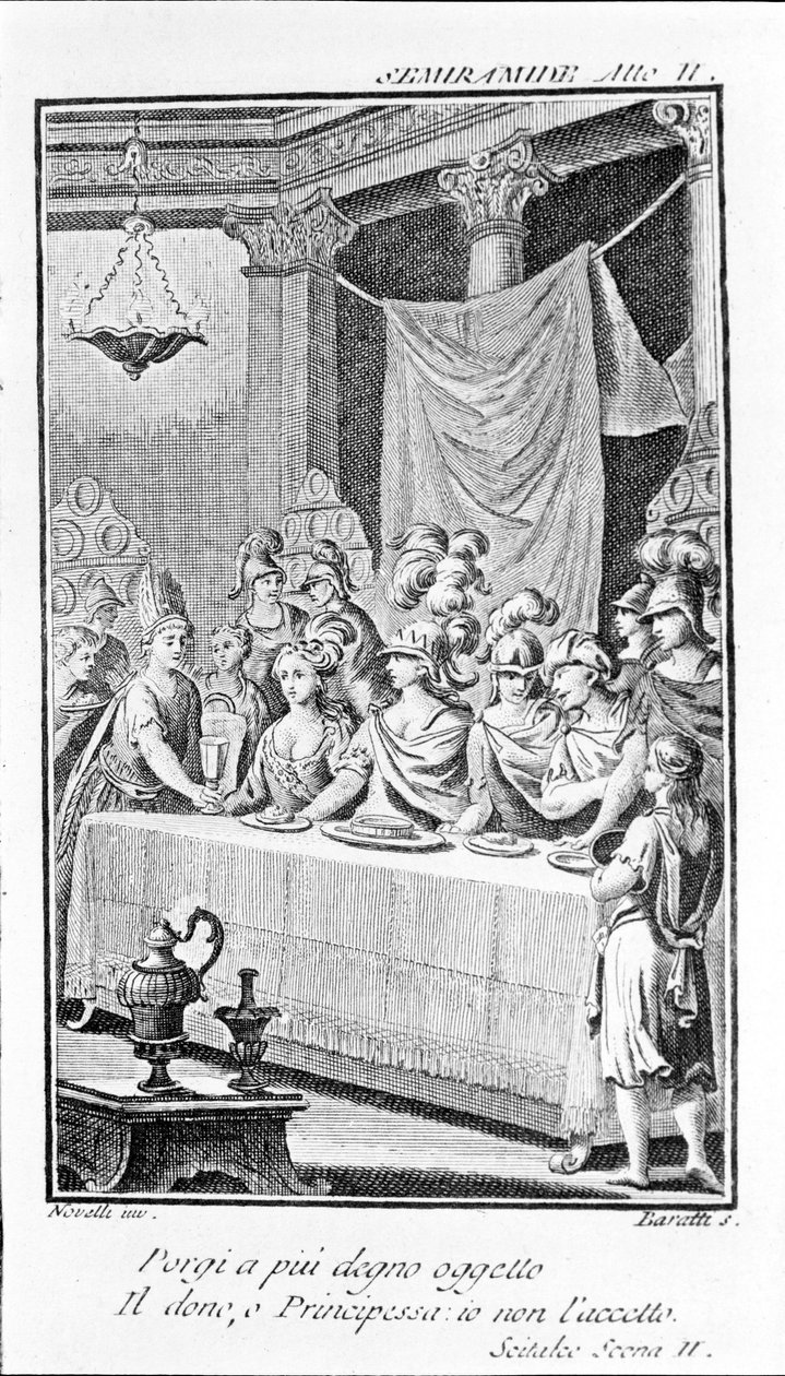 アントニオ・サリエリ（1750〜1825）のオペラ「セミラミス」のイラスト。ピエール・メタスタス（またはピエトロ・メタスタシオ）によるブックレット。第2幕 sc.II. 作： 無名の画家
