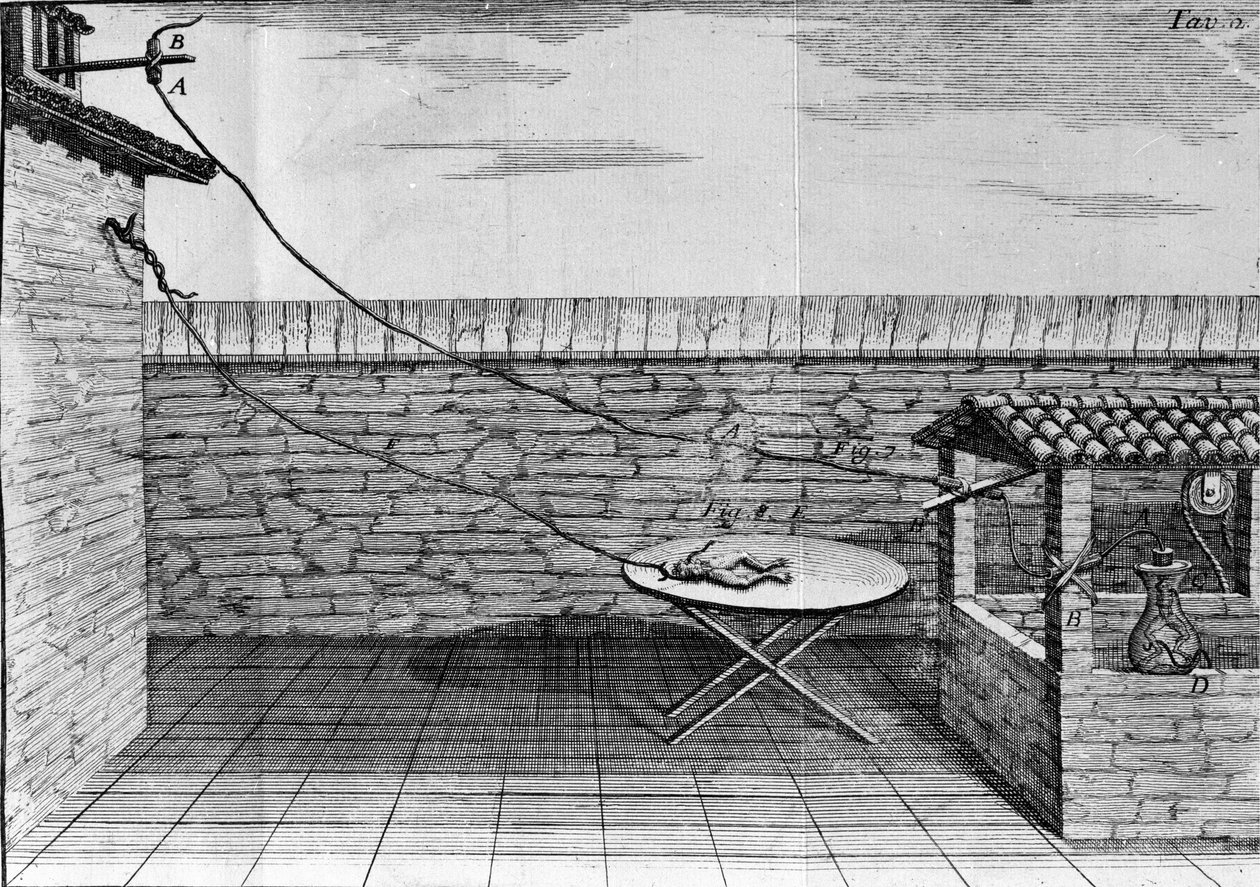イタリアの物理学者・医師であるルイジ・ガルヴァーニ（1737〜1798）が、カエルの足に電流が流れることを説明した実験の図。 作： 無名の画家
