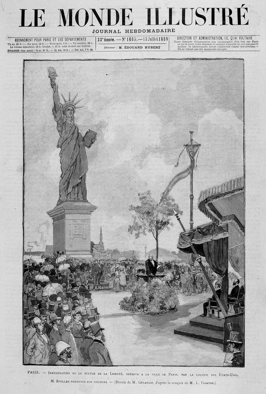 アメリカからパリ市に提供された自由の女神の縮小版（レプリカ）の落成式 - 1889年7月13日付「The Illustrous World」にて 作： 無名の画家