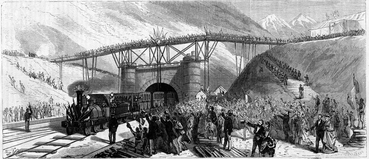 1871年、モン・セニス（Monte Cenisio）のトンネルが開通。バルドネッチェ（Bardonecchia）への招待列車が到着。 作： 無名の画家