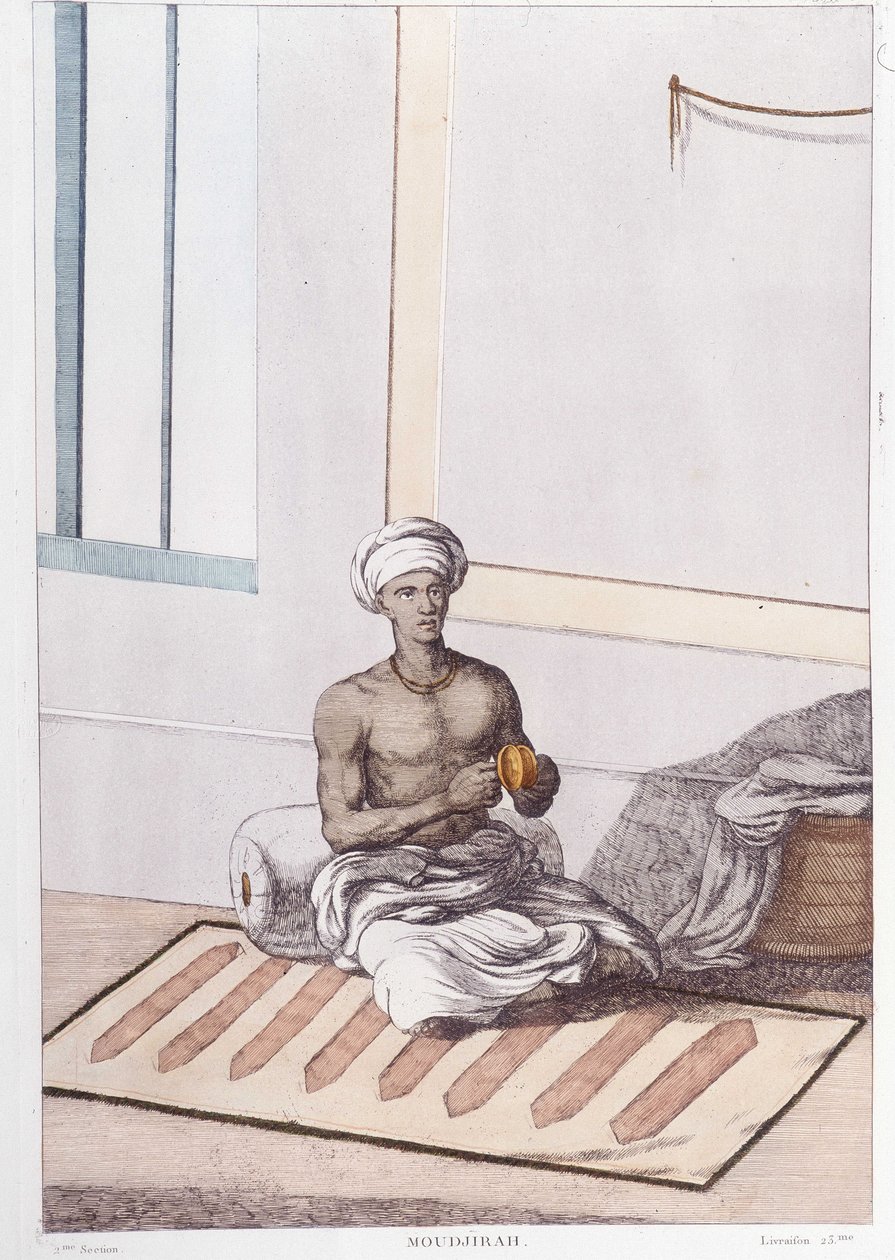 インドの文化・文明・社会：インドの伝統的なパーカッションを持つ音楽家。1808年に描かれた版画。 作： 無名の画家